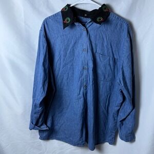 Vintage Denim Button Down Shirt Womens Large Embroidered Collar Grandmacore Xmas